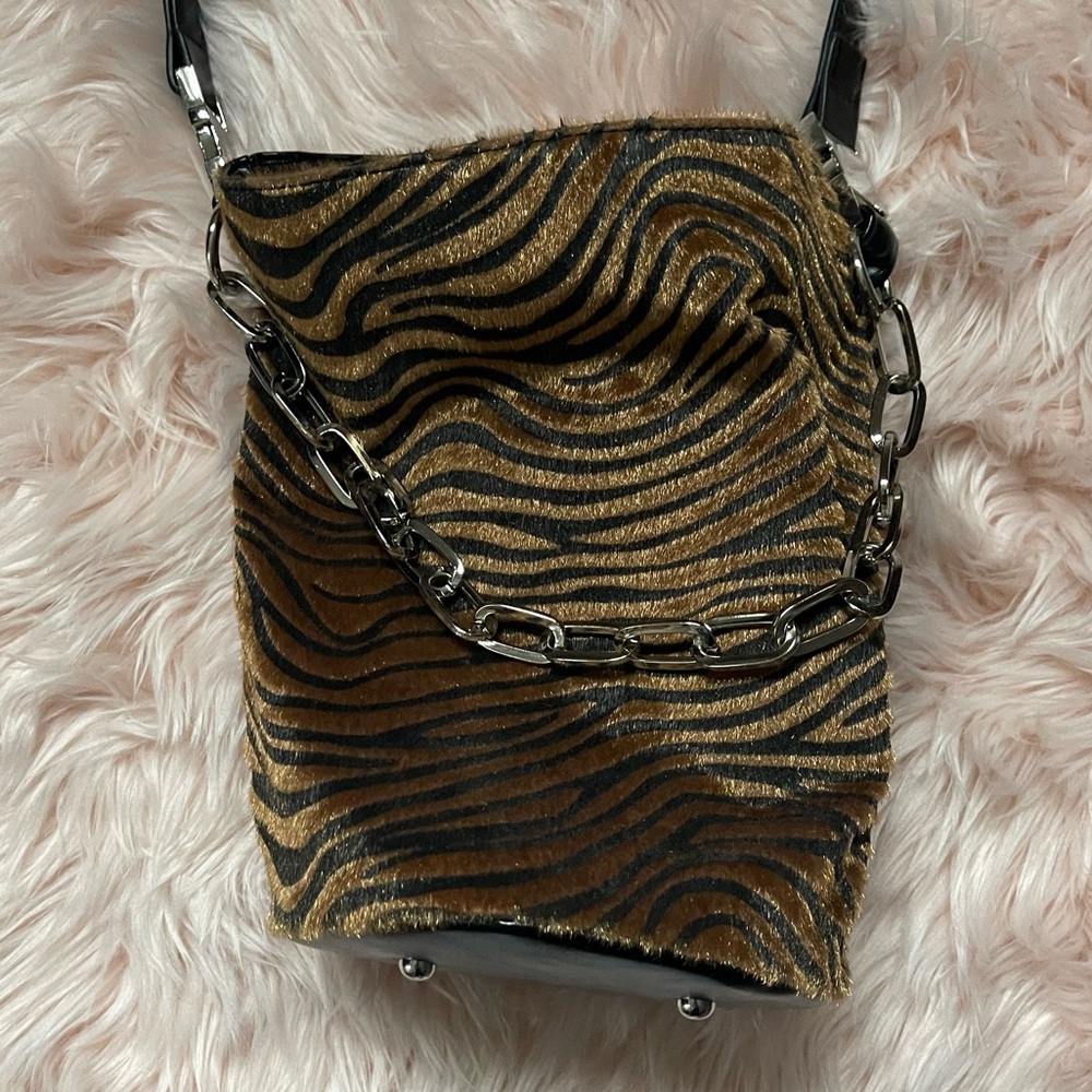 ASOS Tiger Print Faux Fur Chain Bucket Bag